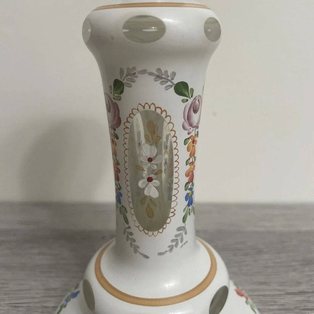 Bohemian White cut to clear hand-painted candlestick Czech 8 Inches grandma core